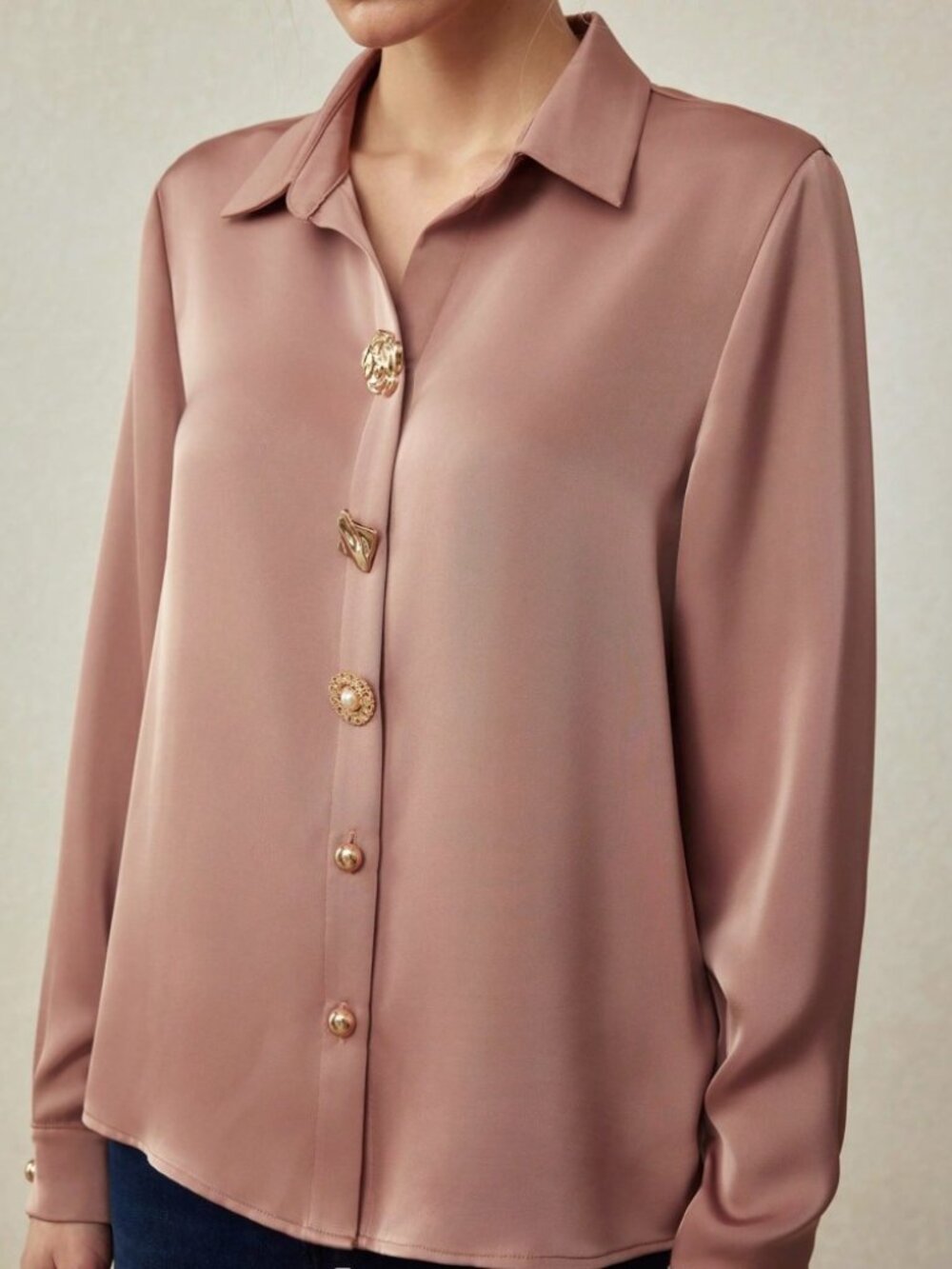 Dusty Rose Mixed Button Blouse with Statement Bijoux Buttons